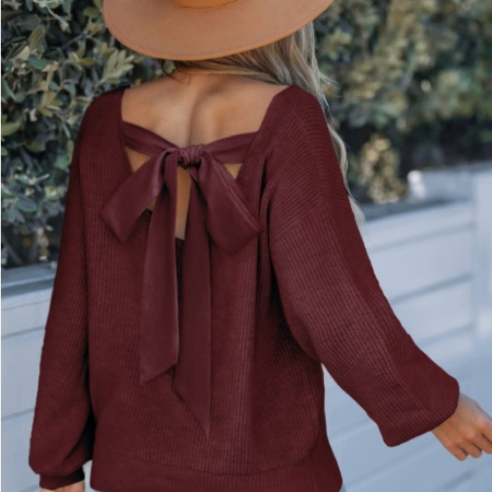 Cupshe Burgundy Sweater with Back Tie Bow Detail, Medium